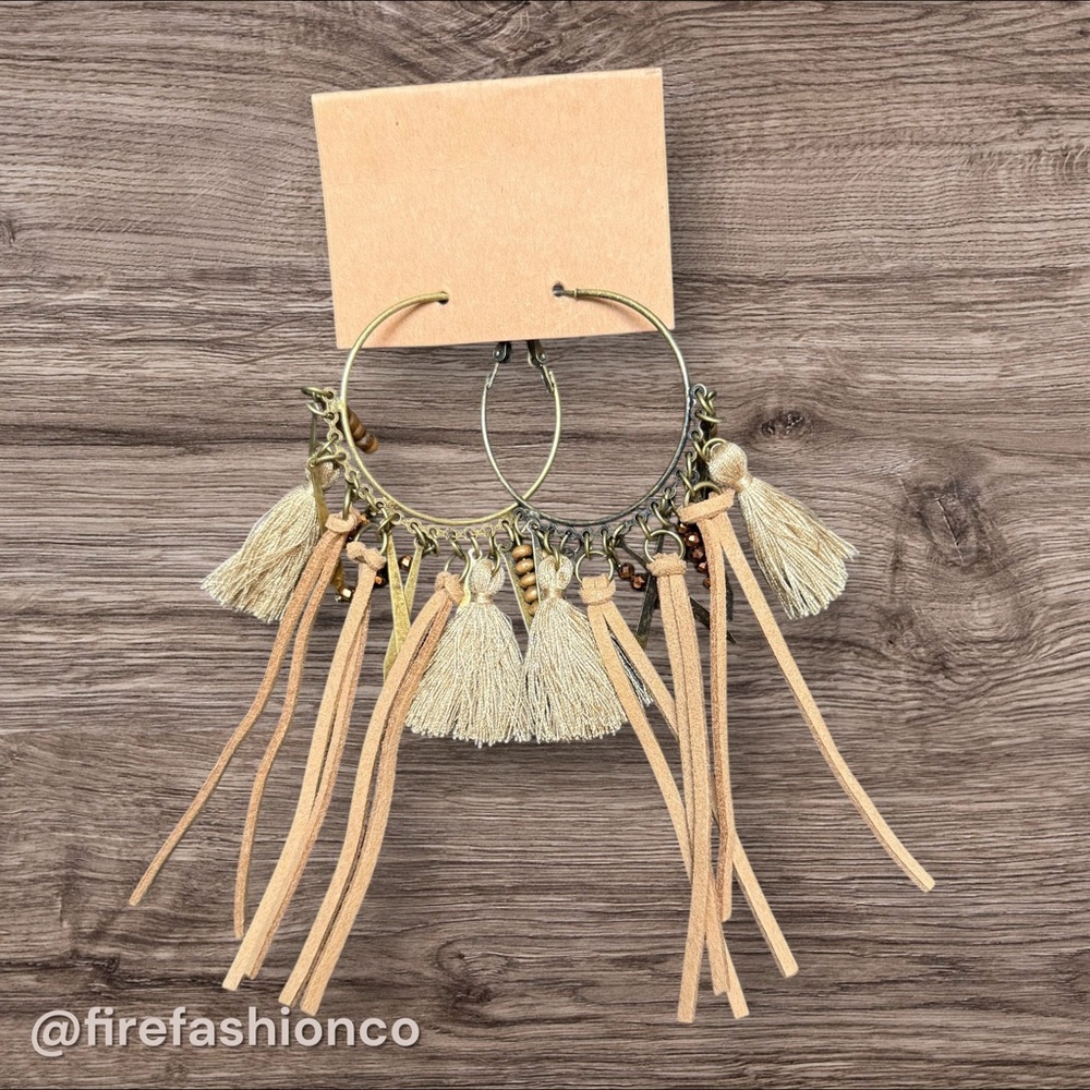 🤎 BRONZE HOOP NEW LEATHER TASSEL EARRINGS CRYSTAL FRINGE BOHO FESTIVAL JEWELRY